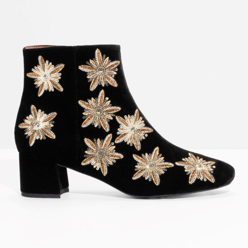 & Other Stories Black Velvet Ankle Boots with Gold Floral Embellishments